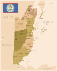 Naklejka premium Belize - detailed map of the country in brown colors, divided into regions. Vector illustration