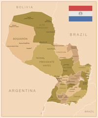 Paraguay - detailed map of the country in brown colors, divided into regions. Vector illustration