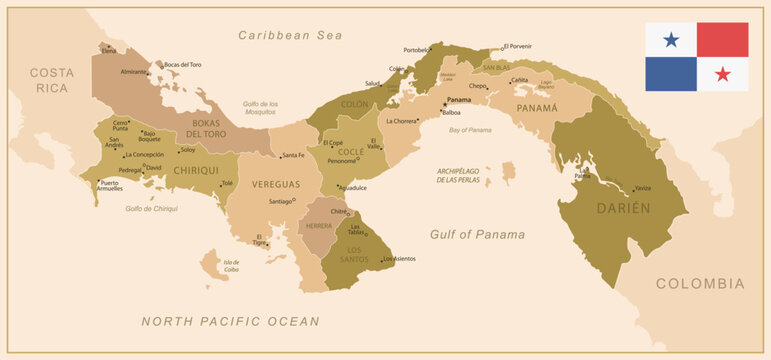 Panama - detailed map of the country in brown colors, divided into regions. Vector illustration