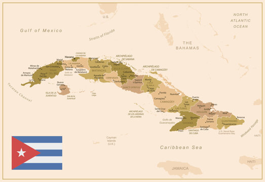 Cuba - detailed map of the country in brown colors, divided into regions. Vector illustration