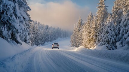 Obraz premium snow-covered mountain road winding through a winter wonderland. suv with snow tires navigating the treacherous path, evergreens heavy with fresh powder.