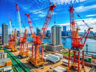 Naklejka premium Cranes Working on Construction Site by the Bay Area in Yokohama During Bright Sunny Daylight