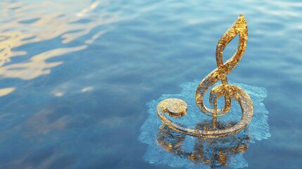 Fototapeta premium Glittering golden music note floating on calm blue water.