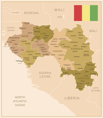 Obraz premium Guinea - detailed map of the country in brown colors, divided into regions. Vector illustration