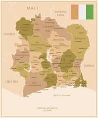 Ivory Coast - detailed map of the country in brown colors, divided into regions. Vector illustration