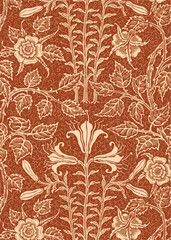  vintage floral pattern with white and brown leaves, flowers, and stems on a rusty orange background.