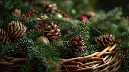 A close-up image of a wreath adorned with pine cones and gold baubles, capturing the festive spirit of Christmas.