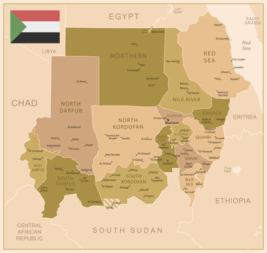 Sudan - detailed map of the country in brown colors, divided into regions. Vector illustration