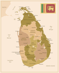 Sri Lanka - detailed map of the country in brown colors, divided into regions. Vector illustration