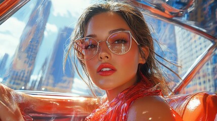modern life scene featuring a woman applying lipstick while driving with urban skyscrapers reflected in the car windows the setting captures a busy energetic lifestyle with a bright city vibe