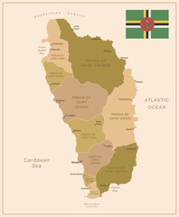 Naklejka premium Dominica - detailed map of the country in brown colors, divided into regions. Vector illustration