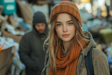 Fototapeta premium A young woman with a designer handbag walks past a man digging through a trash bin.