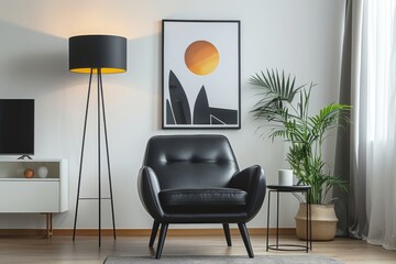 Elegant Living Room with Black Leather Armchair, Floor Lamp, and Modern Geometric Poster