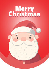 A cute Christmas card design featuring an adorable, smiling Santa Claus with a white beard and hat, wearing a red suit,flat illustration