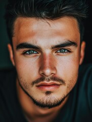 Fototapeta premium A young male with a serious expression looking straight ahead