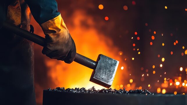 A blacksmith hammering metal on an anvil, sparks flying, highlighting craftsmanship in a fiery workshop setting.
