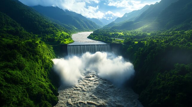 A collapsing dam releasing an unstoppable torrent of water into a densely populated valley