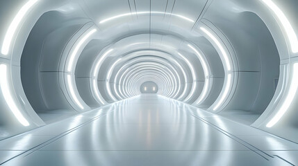 Obraz premium Futuristic 3D White Tunnel With Neon Lights Abstract Background