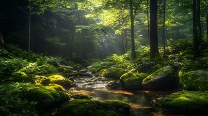 Obraz premium Tranquil forest clearing with sunlight filtering through the lush verdant foliage casting dappled shadows on the moss covered rocks and a serene babbling brook