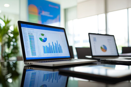 Strategic meeting with laptops open and data charts on display