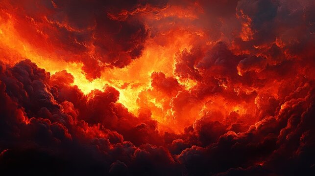 Fiery red sky with dark clouds, symbolizing catastrophe, war, or a dramatic scene of fire and destruction. 