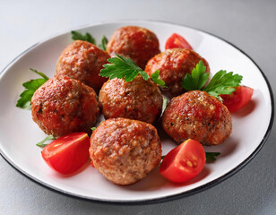 Meatballs in tomato sauce with  parsley on white plate