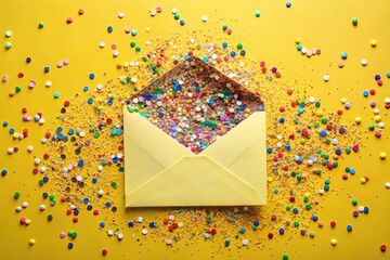 Party invitation with confetti on yellow background