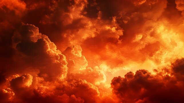 Fiery red sky with dark clouds, symbolizing catastrophe, war, or a dramatic scene of fire and destruction. 