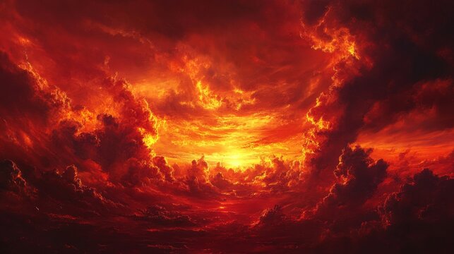 Fiery red sky with dark clouds, symbolizing catastrophe, war, or a dramatic scene of fire and destruction. 