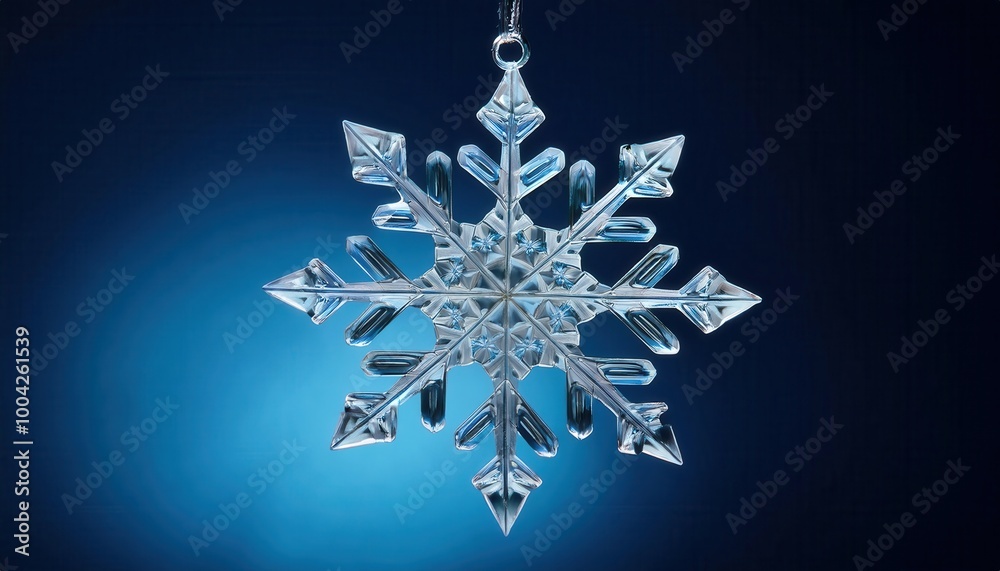 Poster Intricate Crystal Snowflake on Gradient Blue Background with Sharp, Symmetrical Edges, Showcasing Geometric Beauty and Detailed Ice Formation, Capturing the Essence of Winter's Natural Elegance