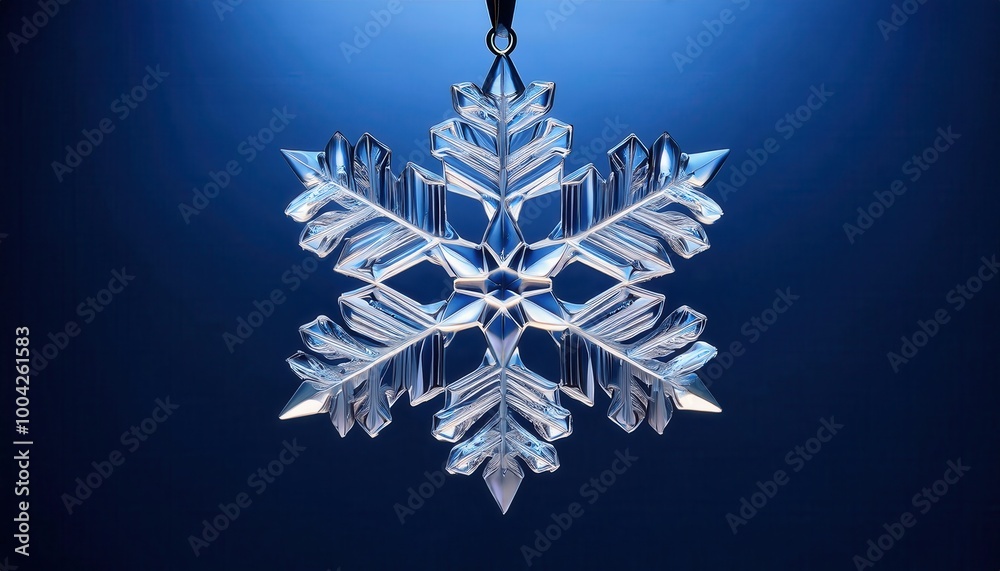 Poster intricate crystal snowflake on gradient blue background with sharp, symmetrical edges, showcasing ge