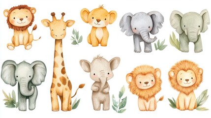 Obraz premium A watercolor illustration of baby jungle animals, including lions, giraffes, and elephants, on a clean white canvas.