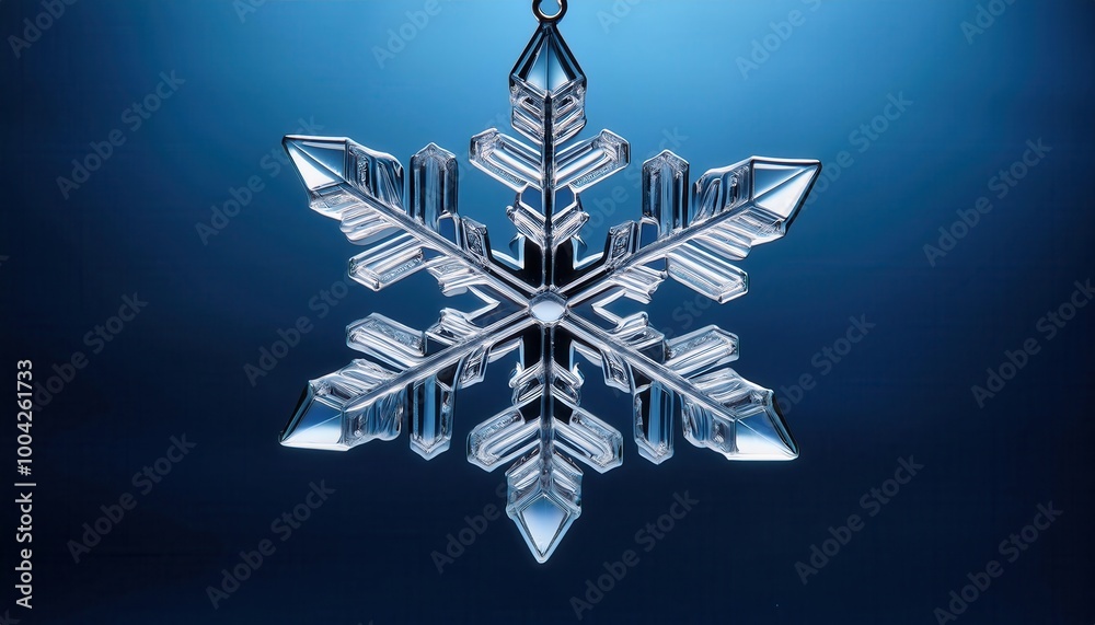 Poster intricate crystal snowflake on gradient blue background with sharp, symmetrical edges, showcasing ge