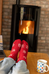 Woman warming herself in front of a pellet stove