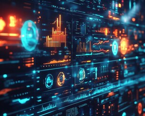 Obraz premium Data visualization tools with glowing holographic graphs and digital analytics in a futuristic office Futuristic Hologram Minimalist