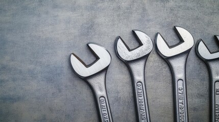 A close-up view of shiny metal wrenches arranged on a textured surface, showcasing tools for repair and maintenance tasks. - Powered by Adobe