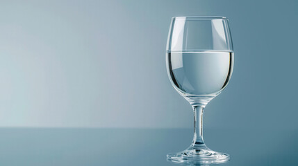 Obraz premium Elegant glass of water on a reflective surface, shimmering light reflections, conveying a sense of purity and luxury, ample copy space on the left for text or branding.