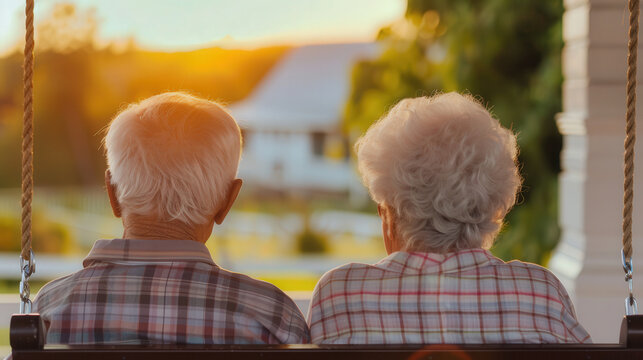 Elderly couple enjoying a tranquil sunset on a porch swing, celebrating National Senior Citizen Day, embracing serene moments of togetherness and reflection.