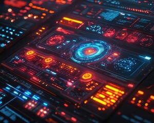 Digital communication platforms glowing with holographic interfaces in a futuristic workspace  Futuristic  Hologram  Minimalist