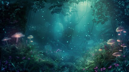 Obraz premium Enchanted forest with glowing mushrooms and mystical atmosphere.