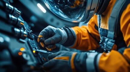 Astronaut performing maintenance in a spacecraft, showcasing advanced technology and deep space exploration.