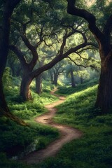 Naklejka premium Mysterious and primeval forest landscape with towering ancient oak trees verdant undergrowth a meandering dirt path and a hidden creek