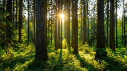 Fototapeta premium Sunlit Forest Retreat, a tranquil woodland oasis where vibrant greenery flourishes under warm sunlight, offering a peaceful escape into nature's embrace.