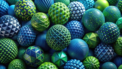 Dark Blue 3D Balls with Green Geometric Shapes for Trendy Textures in Modern Wallpaper and Textiles