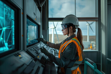 Caucasian woman in safety gear operates control panel at wind farm during day, focusing on renewable energy management and monitoring