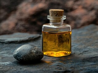 Close-up of old, hand-blown glass bottle filled with vintage essential oil. Oil has a rich, amber hue indicative of its concentration and antique design.