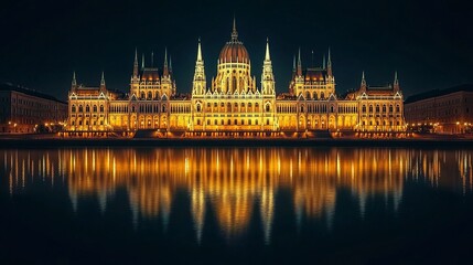 Fototapeta premium The illuminated Hungarian Parliament Building reflects beautifully in the Danube River, showcasing its stunning neo-Gothic architecture