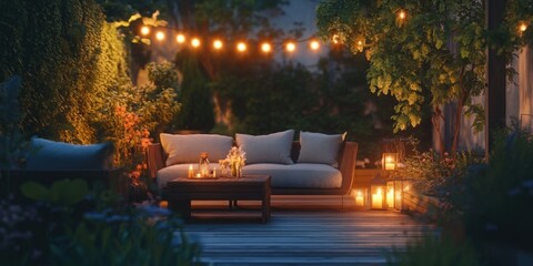 Obraz premium An outdoor evening scene of a patio with comfortable seating, candlelit for ambiance, and set against the backdrop of a garden setting.