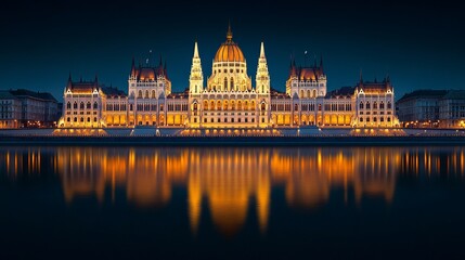 Fototapeta premium The illuminated Hungarian Parliament Building reflects beautifully in the Danube River, showcasing its stunning neo-Gothic architecture