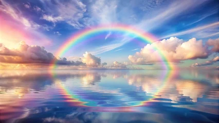 Wanddecoratie Regenboog Pastel rainbow sky reflected on calm water creating a soothing and colorful wallpaper  © Chanchai